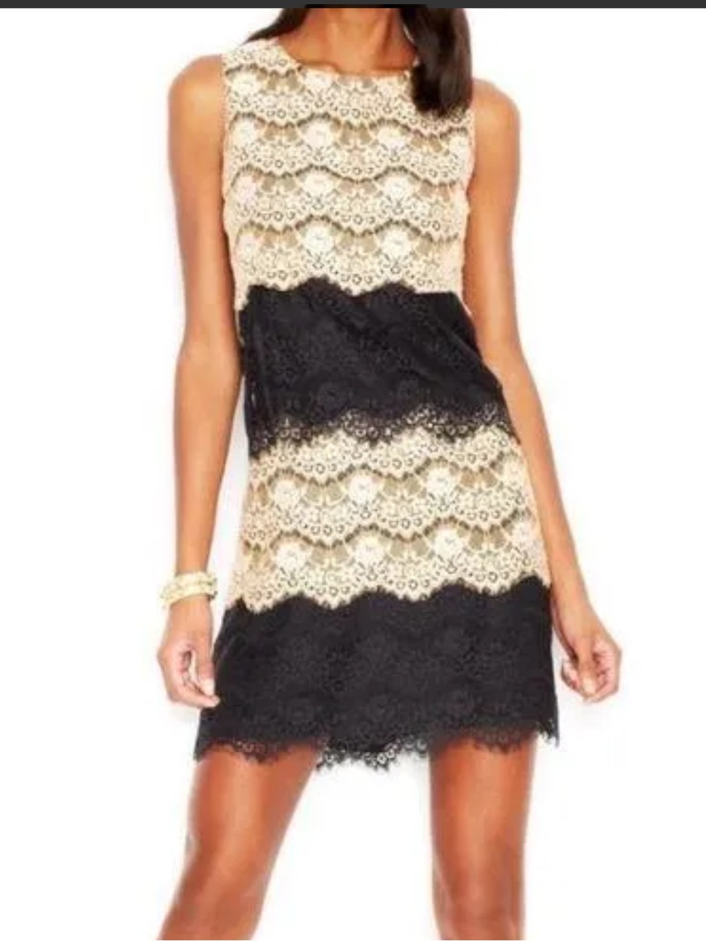 JESSICA SIMPSON SLEEVELESS CREAM & NAVY SCALLOPED EDGE TIERED LACE DRESS SZ 6